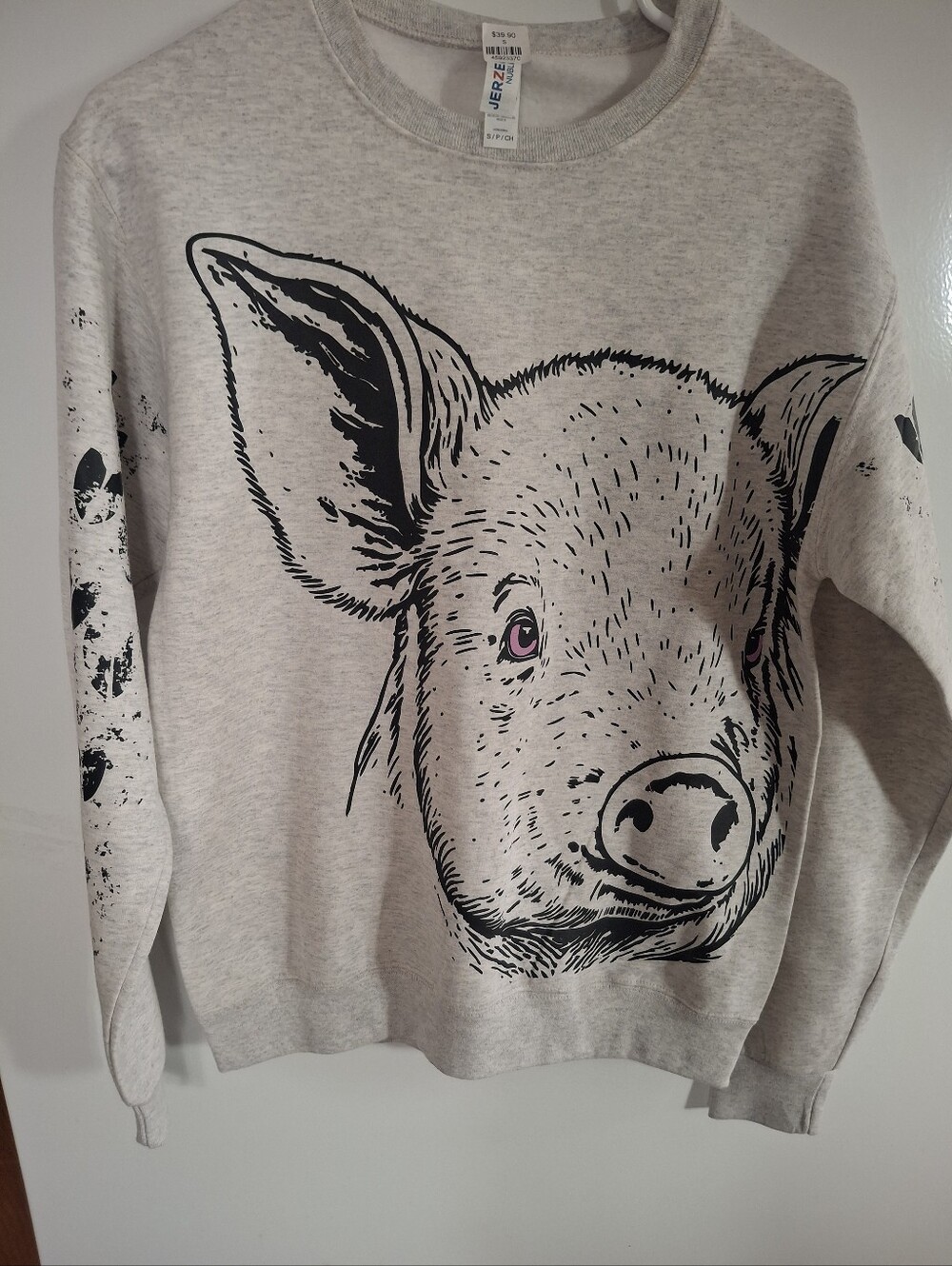 Jerzees Light Gray Pig Graphic Crewneck Sweatshirt
